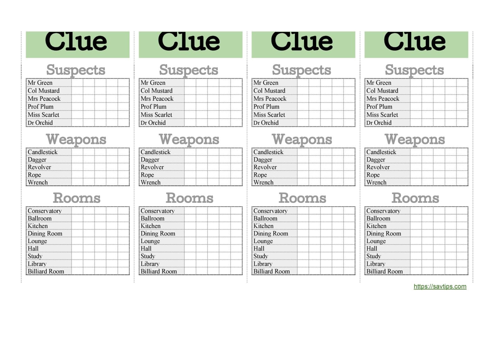 Free Clue Sheets