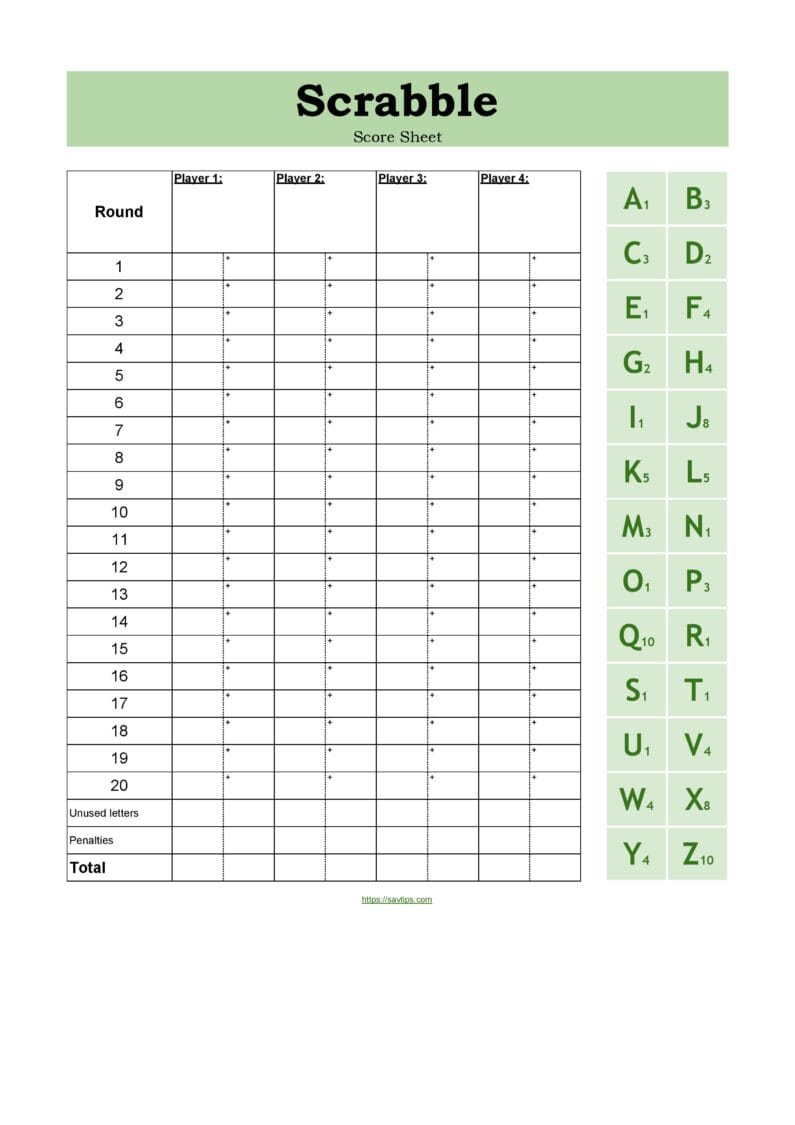 Free Scrabble Score Sheet