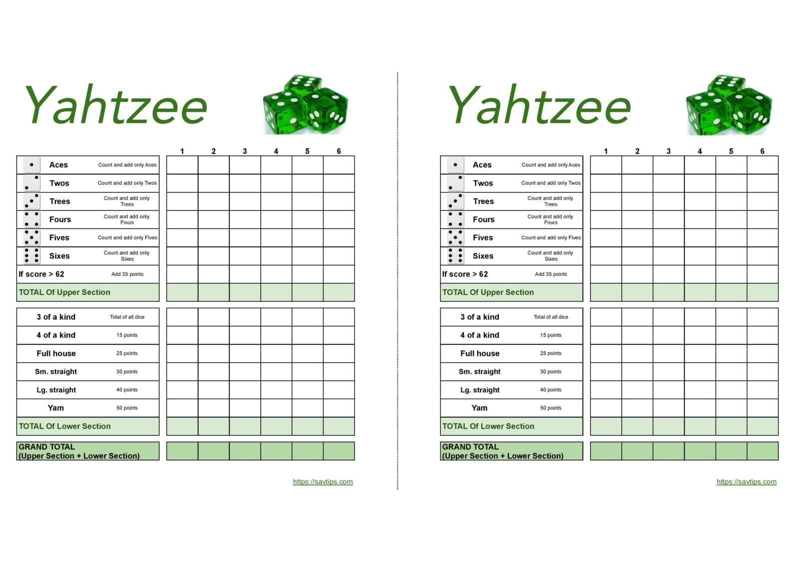 Free Yahtzee score card